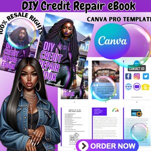 May include: A Canva Pro template for an eBook titled "DIY Credit Repair eBook" featuring a woman with purple hair and a purple jacket. The eBook cover features a house and the text "RESALE RIGHTS" in a circle. The template includes a contact us page, a chapter on how to audit credit reports, and a website list to get free credit reports.