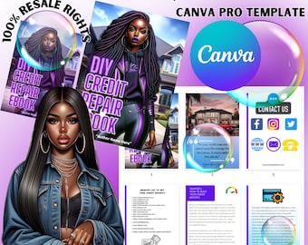 May include: A Canva Pro template for an eBook titled "DIY Credit Repair eBook" featuring a woman with purple hair and a purple jacket. The eBook cover features a house and the text "RESALE RIGHTS" in a circle. The template includes a contact us page, a chapter on how to audit credit reports, and a website list to get free credit reports.