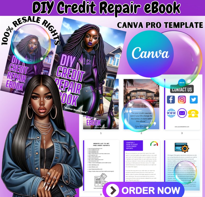 May include: A Canva Pro template for an eBook titled "DIY Credit Repair eBook" featuring a woman with purple hair and a purple jacket. The eBook cover features a house and the text "RESALE RIGHTS" in a circle. The template includes a contact us page, a chapter on how to audit credit reports, and a website list to get free credit reports.