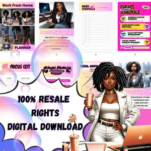May include: A digital download product bundle with a pink and purple theme. The bundle includes printable planners, checklists, and productivity tips. The image features a cartoon woman with dark skin and long black braids. The text "100% Resale Rights Digital Download" is in large white letters.