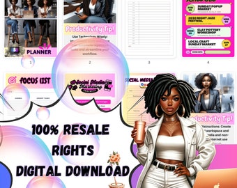 May include: A digital download product bundle with a pink and purple theme. The bundle includes printable planners, checklists, and productivity tips. The image features a cartoon woman with dark skin and long black braids. The text "100% Resale Rights Digital Download" is in large white letters.