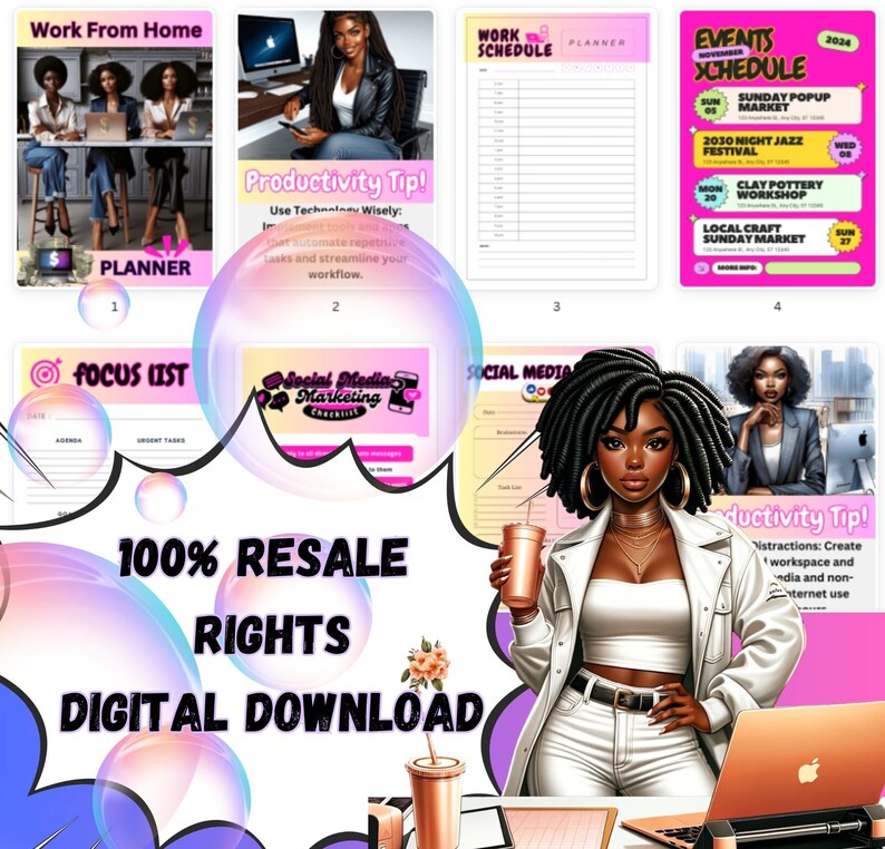 May include: A digital download product bundle with a pink and purple theme. The bundle includes printable planners, checklists, and productivity tips. The image features a cartoon woman with dark skin and long black braids. The text "100% Resale Rights Digital Download" is in large white letters.