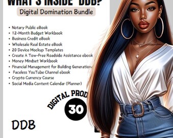 May include: A digital product bundle called "Digital Domination Bundle" with the acronym "DDB" and the number "30" in a circle. The bundle includes a variety of digital products, such as ebooks, workbooks, templates, and courses. The image also features a woman with dark skin and long black hair wearing a white shirt and blue jeans.