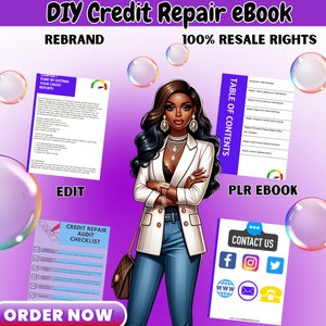 May include: A digital product cover featuring a woman with dark hair and a white blazer, holding a book titled "DIY Credit Repair eBook". The cover also includes the text "REBRAND", "100% RESALE RIGHTS", "PLR EBOOK", "ORDER NOW", and "CONTACT US".