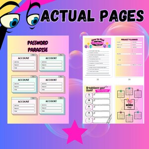 May include: A printable planner with colorful pages for organizing passwords, finding content ideas, breaking down goals, and creating mind maps. The pages feature a pink, blue, and yellow color scheme with cartoon illustrations.