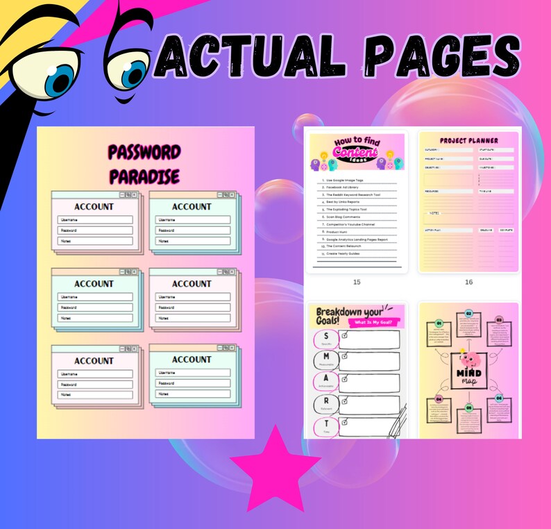 May include: A printable planner with colorful pages for organizing passwords, finding content ideas, breaking down goals, and creating mind maps. The pages feature a pink, blue, and yellow color scheme with cartoon illustrations.