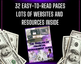 May include: A book cover with the title "The Freelancer Financial Management Guide" by Gabrielle Foster. The cover features a woman working on a laptop in a home office setting. The book is surrounded by US dollar bills.