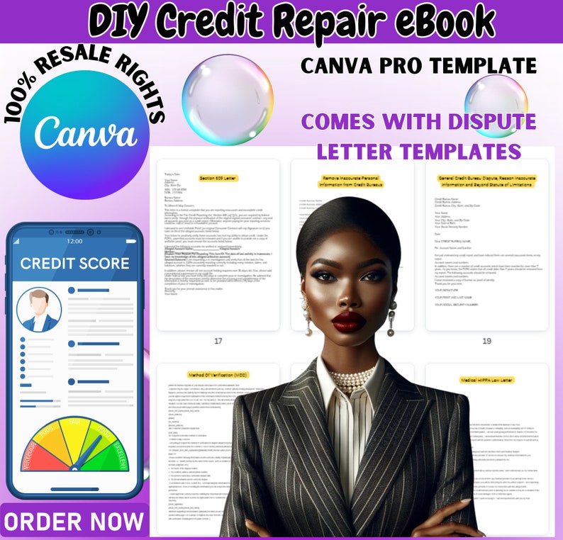 May include: A Canva Pro template for a DIY credit repair eBook. The template features a woman with dark skin and red lipstick, a credit score chart, and a dispute letter template. The text "COMES WITH DISPUTE LETTER TEMPLATES" is displayed in bold, white letters on a black background.