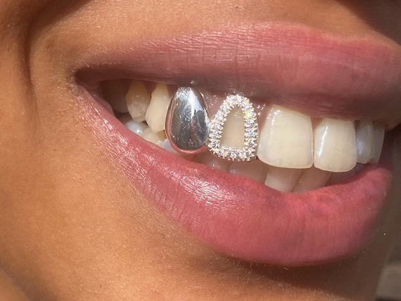 Double Tooth Caps Grillz With Iced Out Diamond Window UK