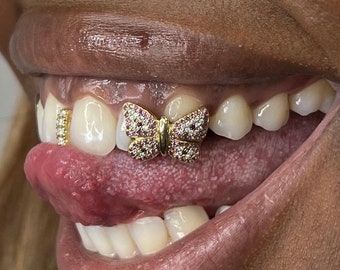 Griglia personalizzata per denti a farfalla, oro, VVS, Ruby's