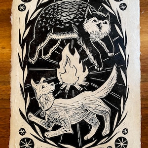 Scratch and Owlbear Cub - original linocut print inspired by Baldur's Gate 3