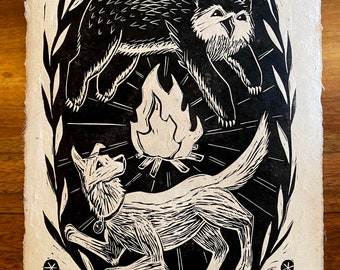 Scratch and Owlbear Cub - original linocut print inspired by Baldur's Gate 3