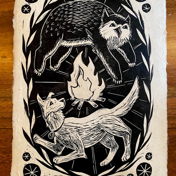 Scratch and Owlbear Cub - original linocut print inspired by Baldur's Gate 3