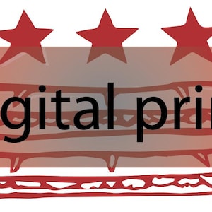 Pode incluir: Um design de impressão digital com três estrelas vermelhas acima de uma forma retangular. As palavras "Digital print" estão em preto, com uma ilustração de sanduíche vermelha abaixo.