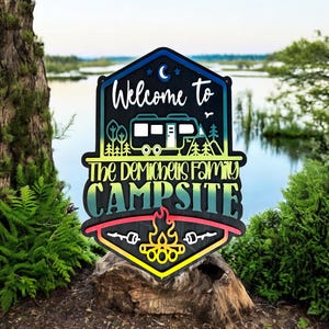 Black Background Welcome to our Mountain Campsite Personalized Sign with Yard Stake for Standard Size