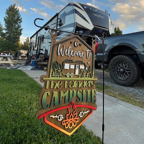 Welcome to our Mountain Campsite Personalized Sign Standard Size Only includes Yard Stake