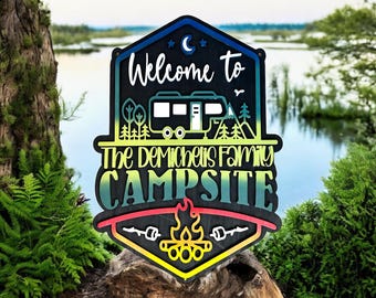 Black Background Welcome to our Mountain Campsite Personalized Sign with Yard Stake for Standard Size Gift