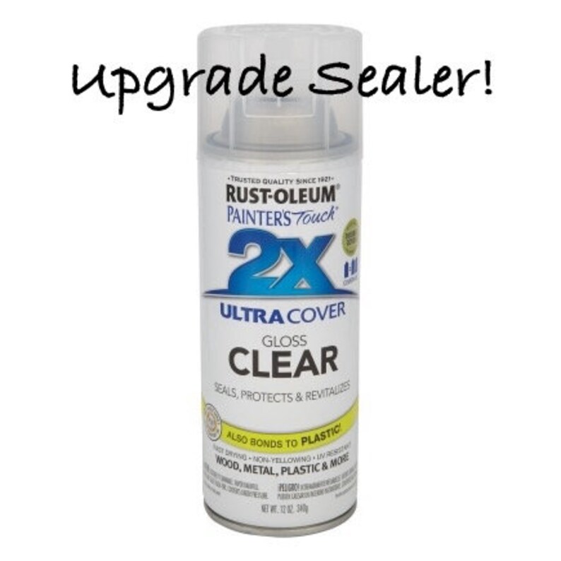 May include: A can of Rust-Oleum Painter's Touch 2X Ultra Cover Gloss Clear spray paint. It seals, protects, and revitalizes surfaces. It also bonds to plastic and is suitable for wood, metal, and more. The can is 12 oz (340 g).