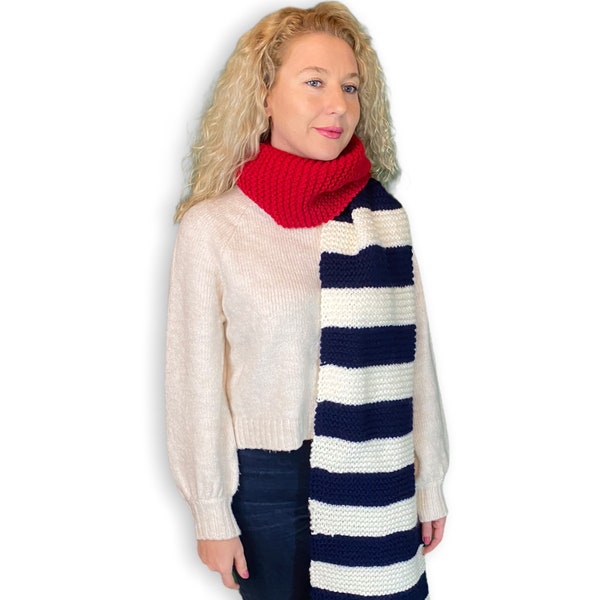 Red, Navy Blue and Cream Multicolor, Stripes, HandKnit Scarf for Woman, Christmas Gift for her