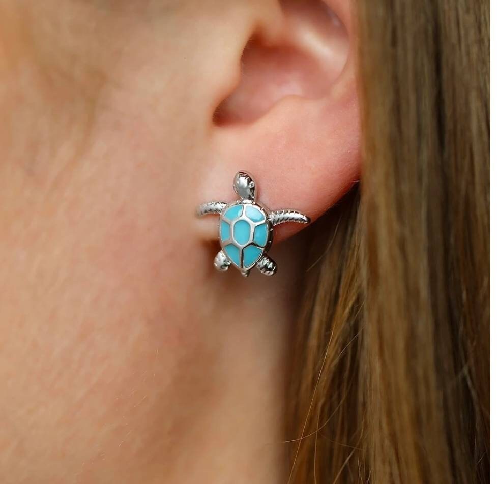 Super Cute Blue Turtle Stud Earrings. It