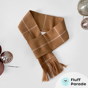 Tan Fringe Dog Scarf, Beige Winter Dog Scarf, Check Plaid Dog Scarf, Pull Through Long Dog Scarf, Pet Neckwear, Christmas Gift for Dogs