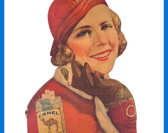 1920s Camel Cigarettes Antique Advertising Sign LARGE 36" Cardboard Easel Woman