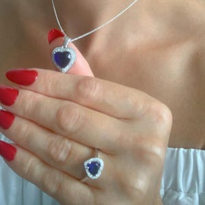 Sapphire Heart Silver Necklace Set-September Birthstone-Wedding Jewelry Set-Dainty Gift for Her-925 Sterling Silver-Unique Gift For Her