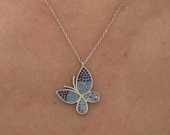 Blue Stone Butterfly Necklace - 925 Sterling Silver -  Mother's Day Gift