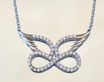 Collana con ciondolo a forma di ala d'angelo e simbolo dell'infinito - Splendido ciondolo eternity in argento sterling -