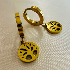 Gold Life Tree Dangle Earrings: Hypoallergenic Steel