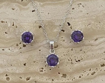 Minimalistisches Amethyst Anhänger & Ohrringe Set - Sterling Silber Februar Geburtsstein -