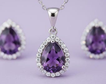 Elegant Amethyst Teardrop Necklace & Earrings Set - February Birthstone Jewelry