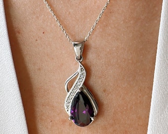 Amethyst Teardrop Necklace.February Birthstone Pendant.Dainty Gift for Her.925 Sterling Silver..Spring Sale