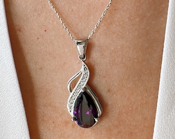 Amethyst Teardrop Necklace.February Birthstone Pendant.Dainty Gift for Her.925 Sterling Silver..Spring Sale