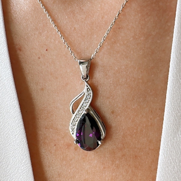 Amethyst Teardrop Necklace.February Birthstone Pendant.Dainty Gift for Her.925 Sterling Silver.Spring Sale