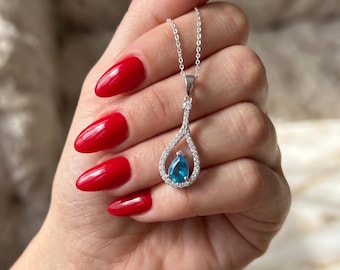 Aquamarine Sterling Silver Necklace-March Birthstone Pendant