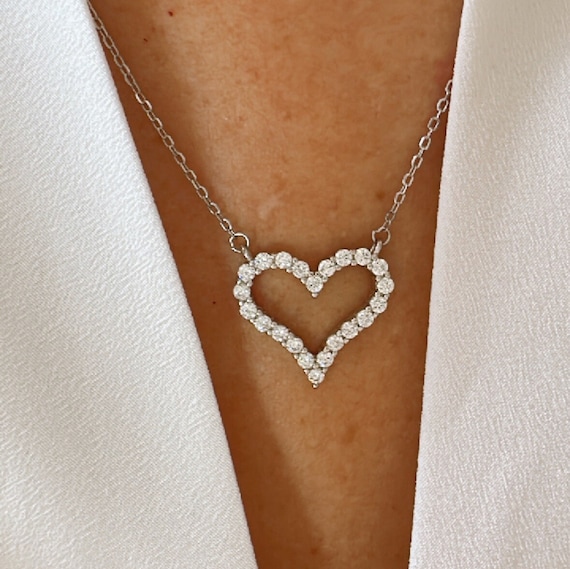 Heart Necklace Made with Sparkling Clear Crystals Sterling Silver Adjustable Heart Necklace Made with Sparkling Clear Crystals Sterling Silver Adjustable