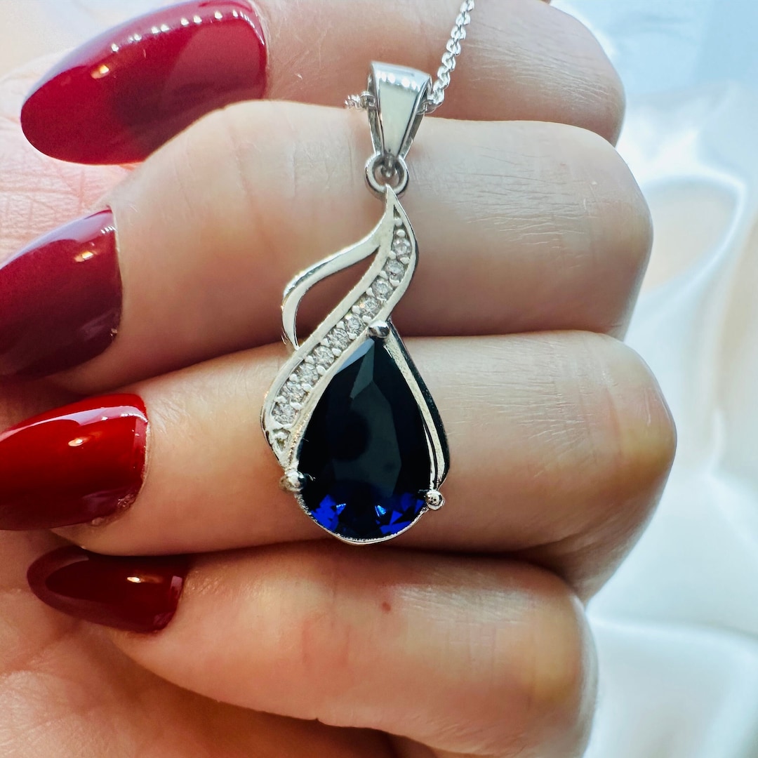 Sapphire Teardrop Necklace September Birthstone Pendant Etsy