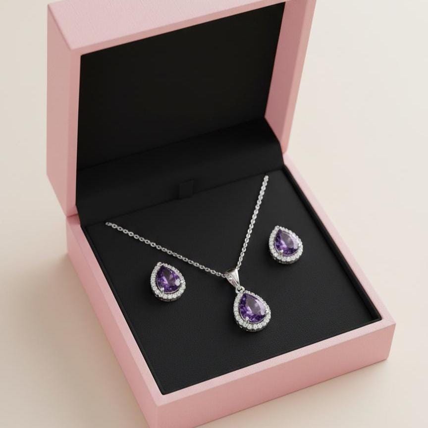 Set Gioielli Donna In Ametista – Collana A Goccia E Orecchini Pendenti Con Pietra Naturale, In Scatola Regalo