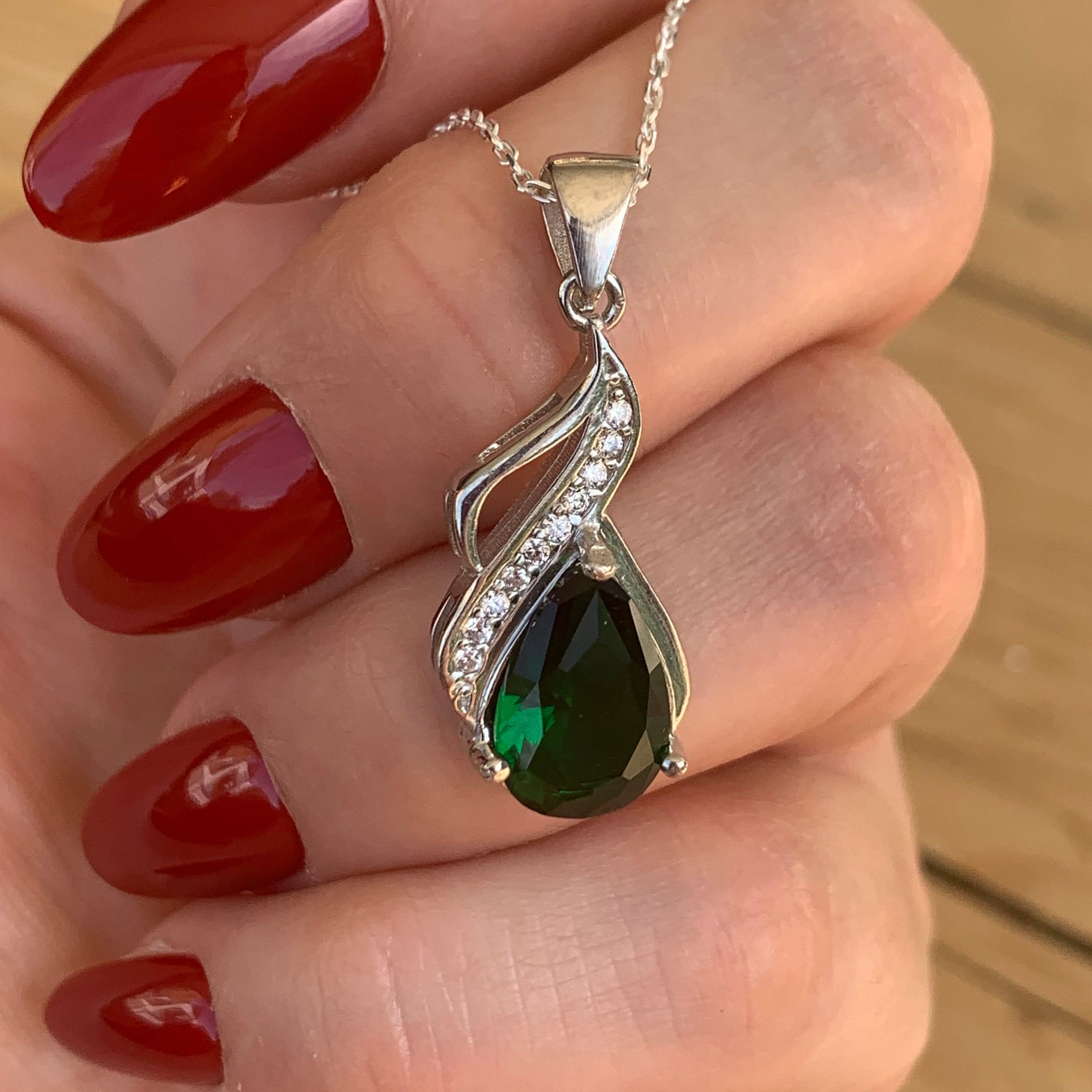 925 Sterling Silber Halskette Mit Mond & Rose Anhänger – Geburtsstein Smaragd, Verstellbar, Geschenk Für Frauen