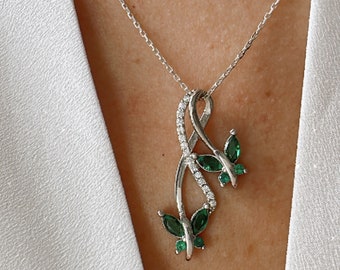 Emerald Infinity & Butterfly Necklace.May Birthstone Pendant.Dainty Gift for Her.925 Sterling Silver.Spring Sale