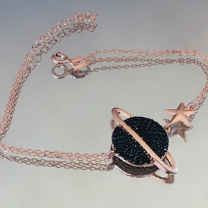 Rose Gold Black Stone Planet Bracelet-Cosmic Celestial Jewelry-Gift For Her-925 Sterling Silver-Unique Gift For Her