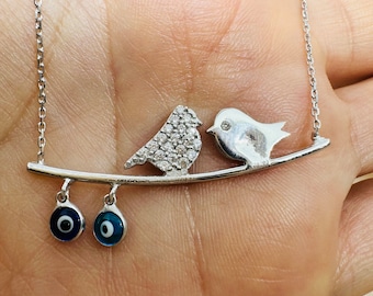 Evil Eye Beaded Birds On a Branch  - 925 Sterling Silver- Dainty Gift For Her-.Spring Sale