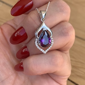 Amethyst Teardrop Necklace – February Birthstone Jewelry Gift – Purple Gemstone Sterling Silver Pendant – Dainty Necklace for Her