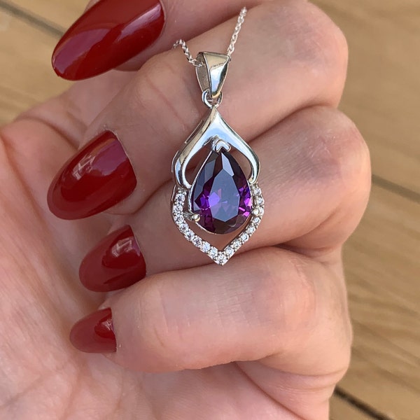 Amethyst Teardrop Necklace.Purple February Birthstone Pendant.Gift for Her.925 Sterling Silver..Spring Sale