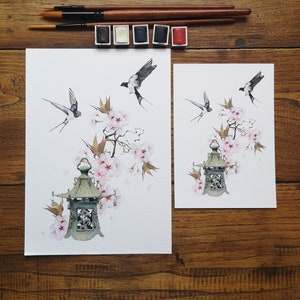 Les hirondelles du Japon, illustration aquarelle, impression art