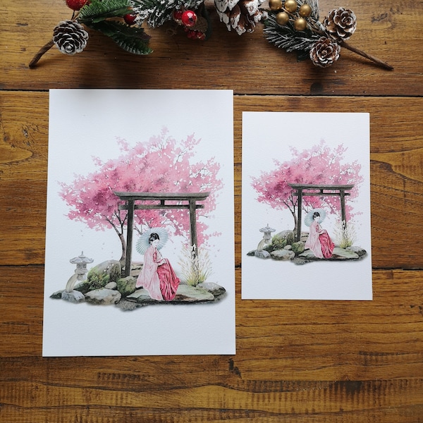 A l'ombre des grands cerisiers japonais, illustration aquarelle, impression art