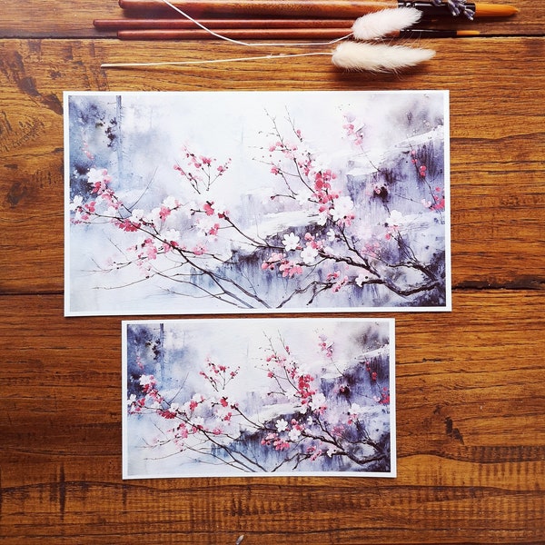 paysage japonais et fleurs de cerisier, illustration aquarelle, impression art