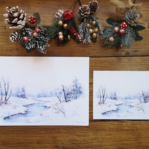 Paysage d'hiver sous la neige et belle rencontre, illustration aquarelle, impression art
