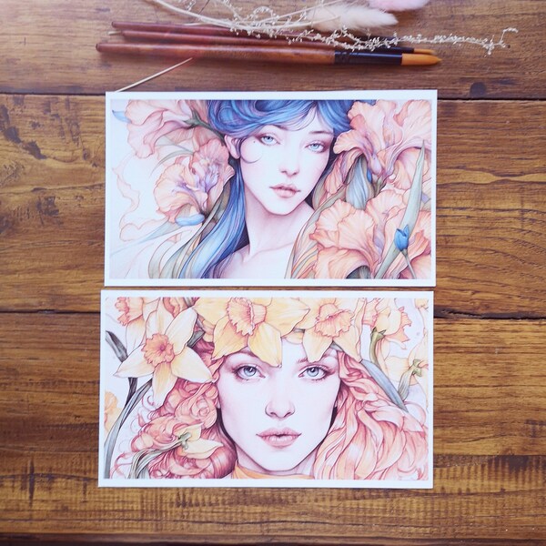 Les iris et les jonquilles, illustration aquarelle, impression art